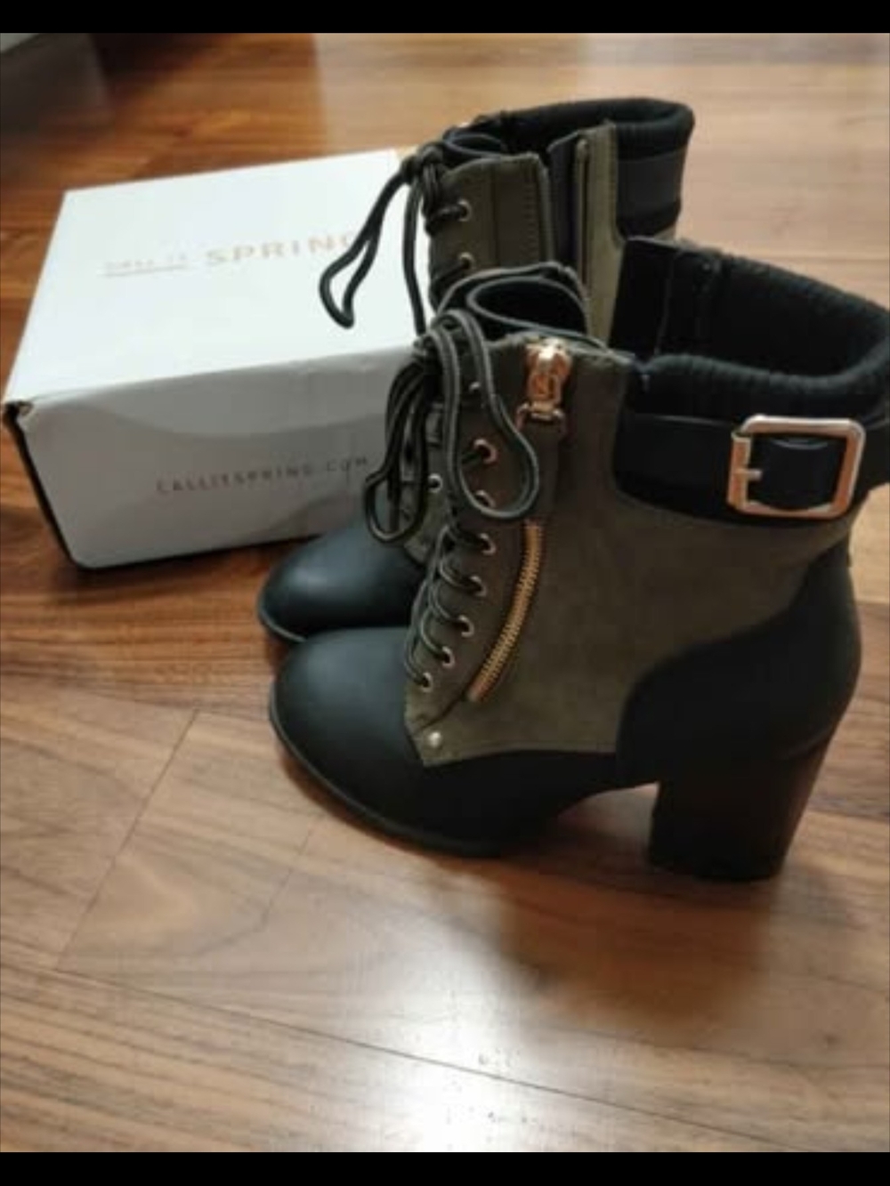 Call It Spring Olive and Black Lace-Up Ankle Boots with Buckle